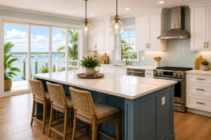 Modern coastal kitchen remodel in Fernandina Beach, FL featuring white cabinets, a large island, and bright open design for homeowners planning a renovation.