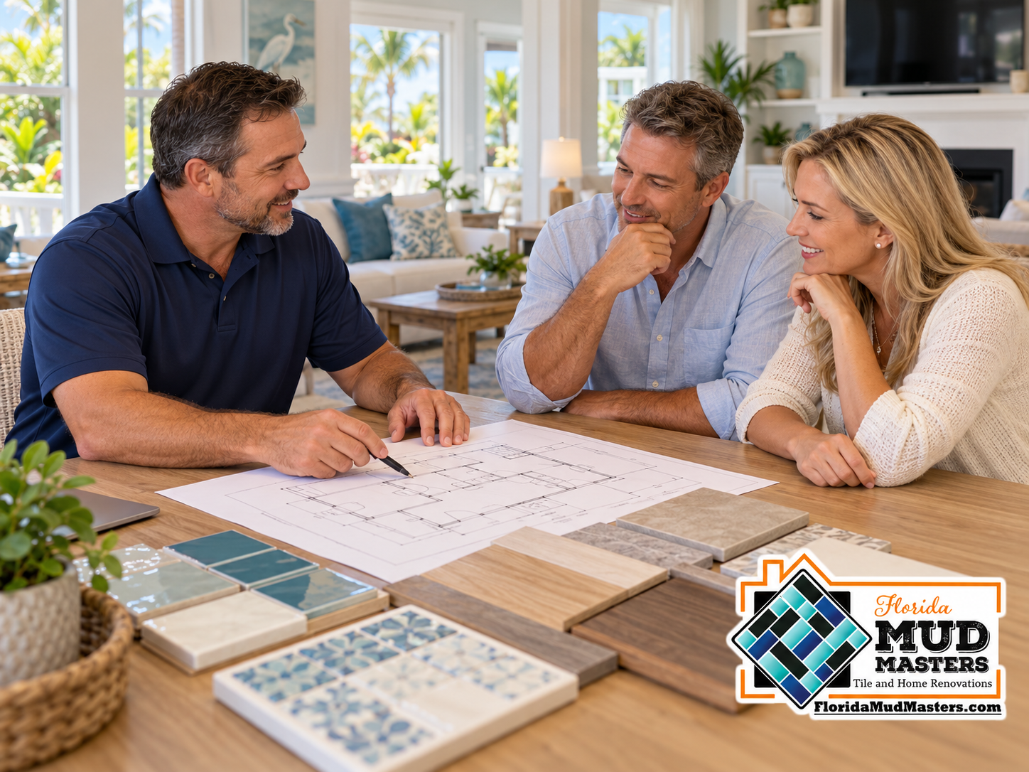 Homeowner and renovation contractor discussing home improvement plans and material samples.