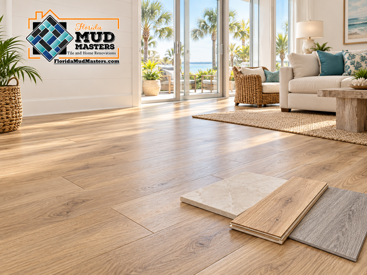 Coastal living room with wood-look flooring and flooring samples, featuring the Florida Mud Masters logo.