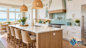 Bright coastal kitchen remodel with white cabinets, a sea-glass tile backsplash, and a spacious island in an Amelia Island home.