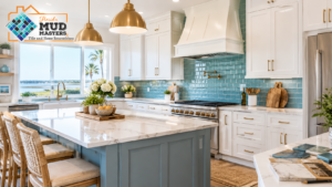 Modern kitchen remodel featuring white cabinets, a blue tile backsplash, quartz countertops, and a large kitchen island.