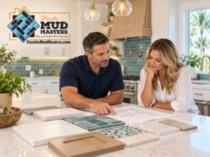 Contractor and homeowner reviewing kitchen plans and material samples, featuring the Florida Mud Masters logo.